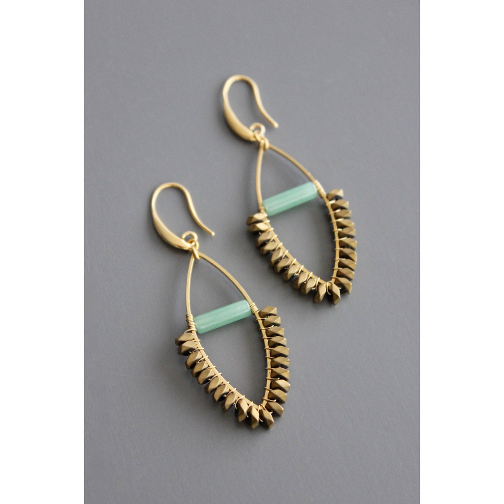 David Aubrey Jewelry - BKNE21 Jade and Gold Hematite Wire Wrapped Earrings
