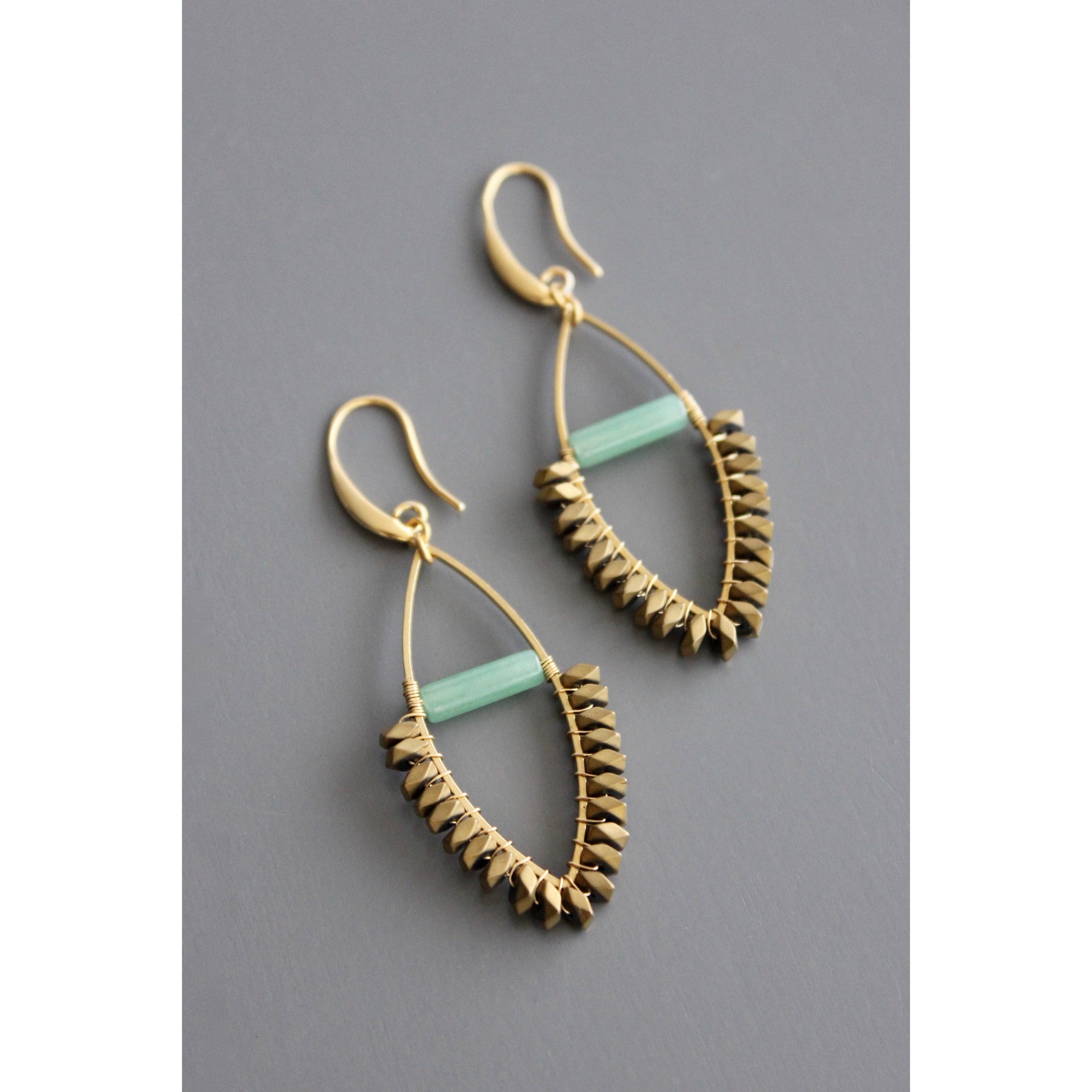 David Aubrey Jewelry - BKNE21 Jade and Gold Hematite Wire Wrapped Earrings