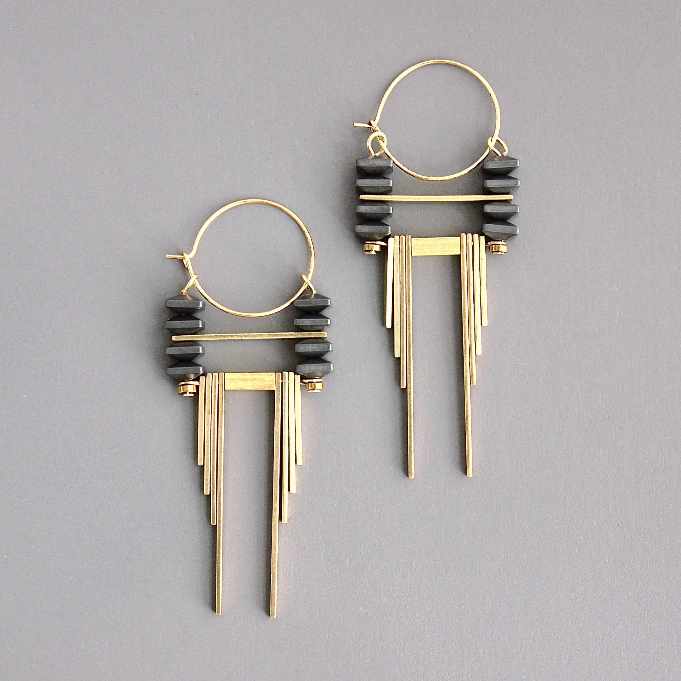 David Aubrey Jewelry - CHRE54 ArtDeco Hematite and Brass Hoop Earrings