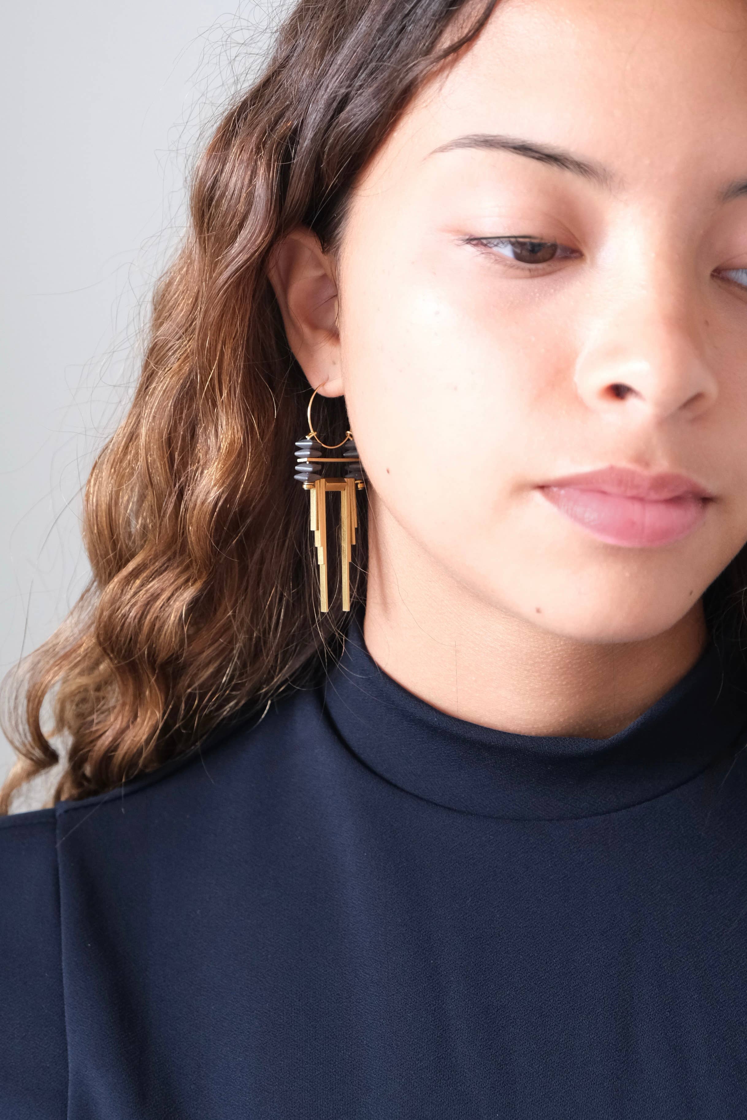 David Aubrey Jewelry - CHRE54 ArtDeco Hematite and Brass Hoop Earrings