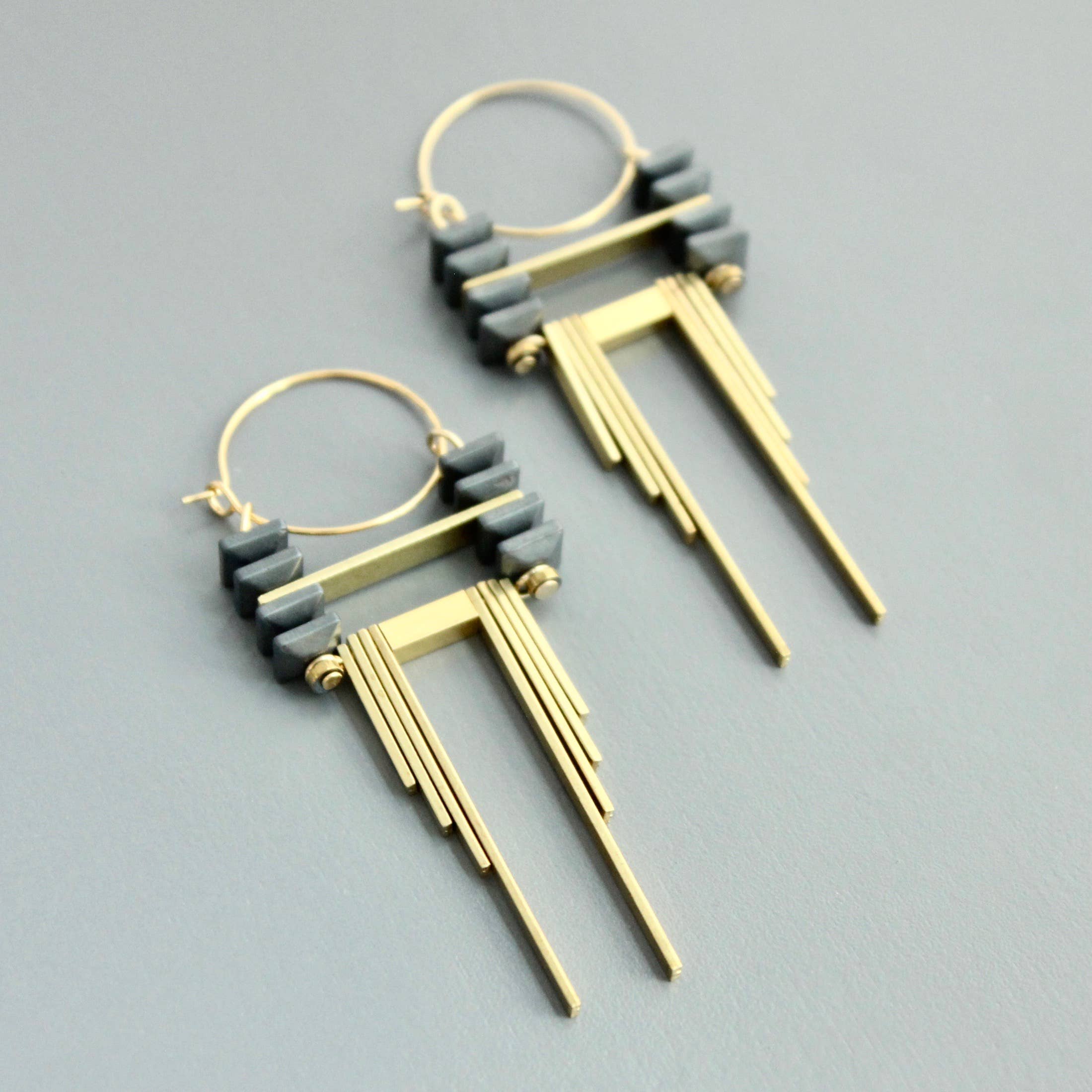 David Aubrey Jewelry - CHRE54 ArtDeco Hematite and Brass Hoop Earrings
