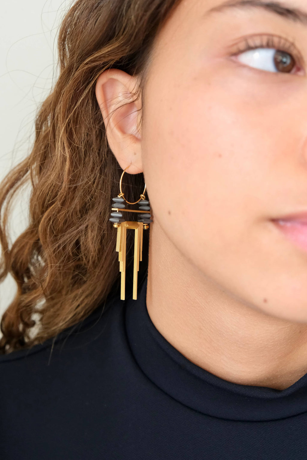 David Aubrey Jewelry - CHRE54 ArtDeco Hematite and Brass Hoop Earrings