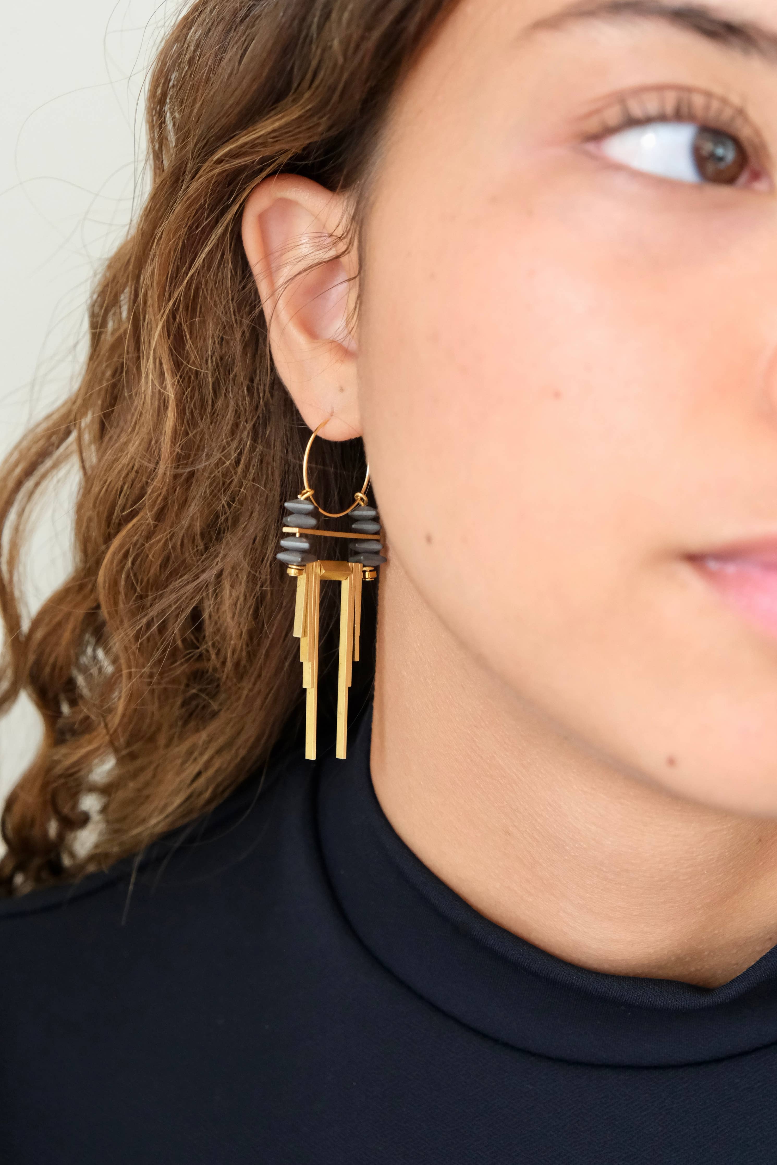David Aubrey Jewelry - CHRE54 ArtDeco Hematite and Brass Hoop Earrings