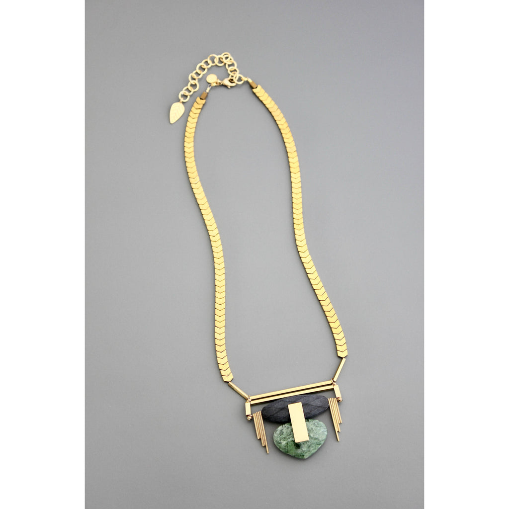 David Aubrey Jewelry - FER119 Geometric Black, Gold, and Green Pendant Necklace