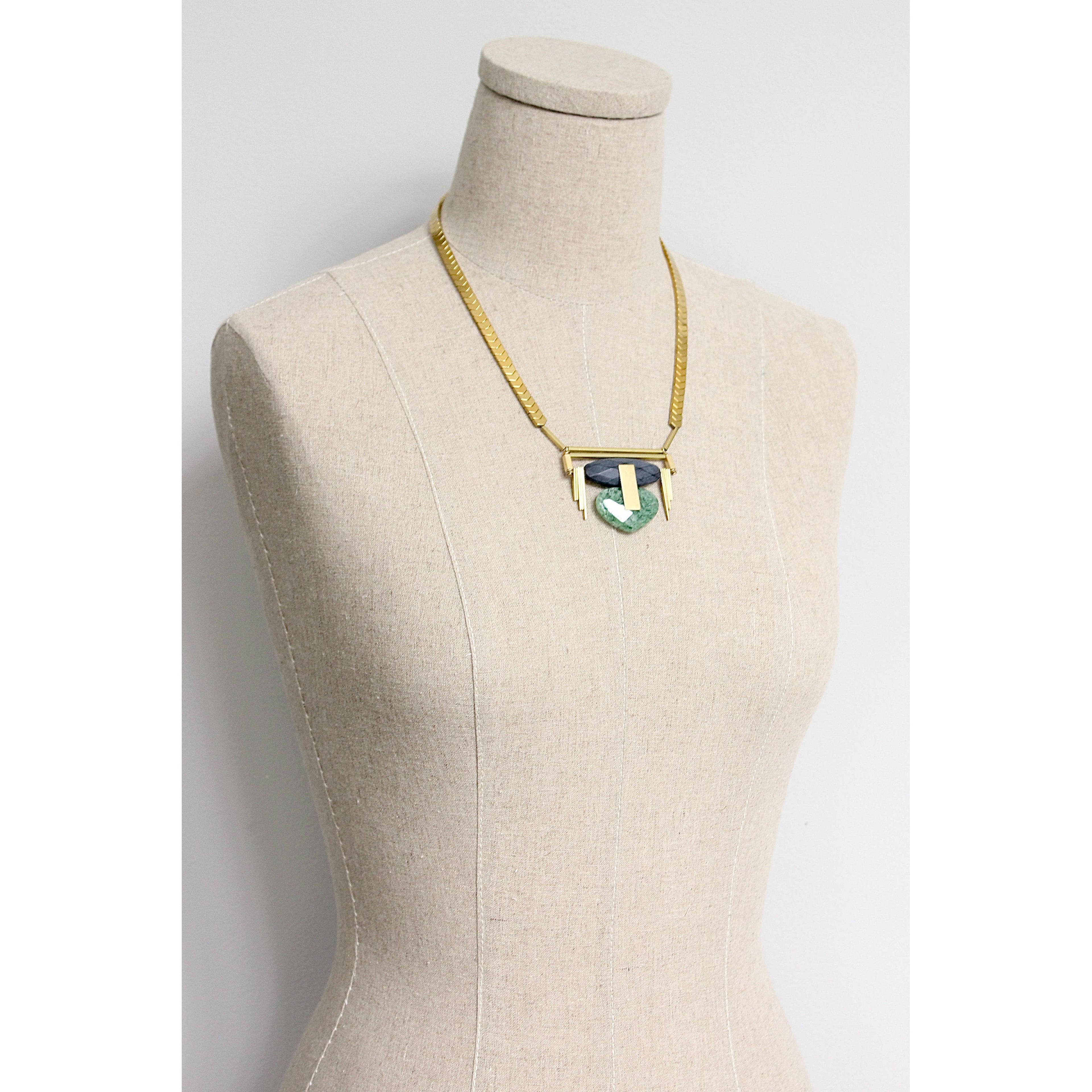 David Aubrey Jewelry - FER119 Geometric Black, Gold, and Green Pendant Necklace