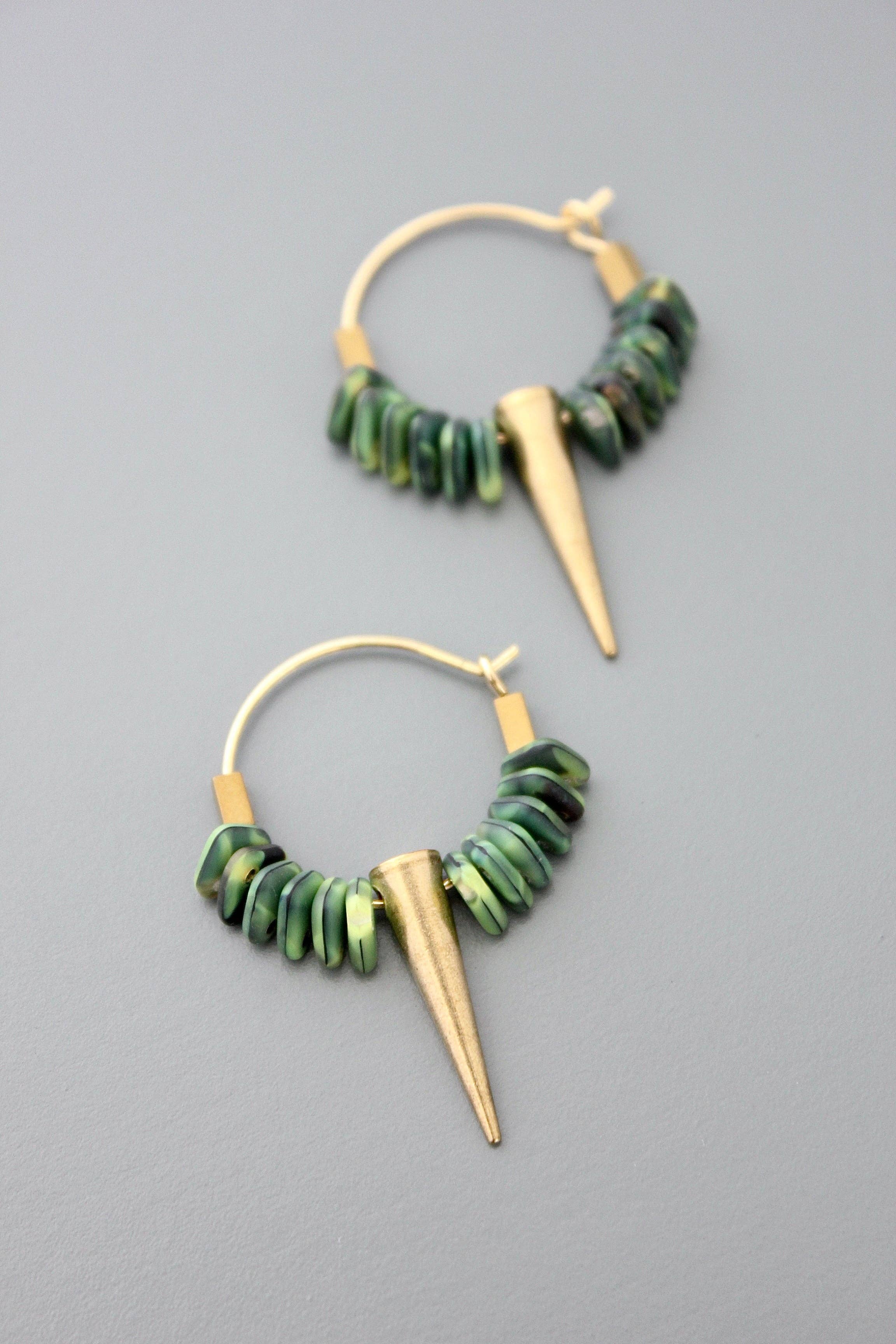 David Aubrey Jewelry - FERE05  Small Green Glass and Spike Hoop Earrings