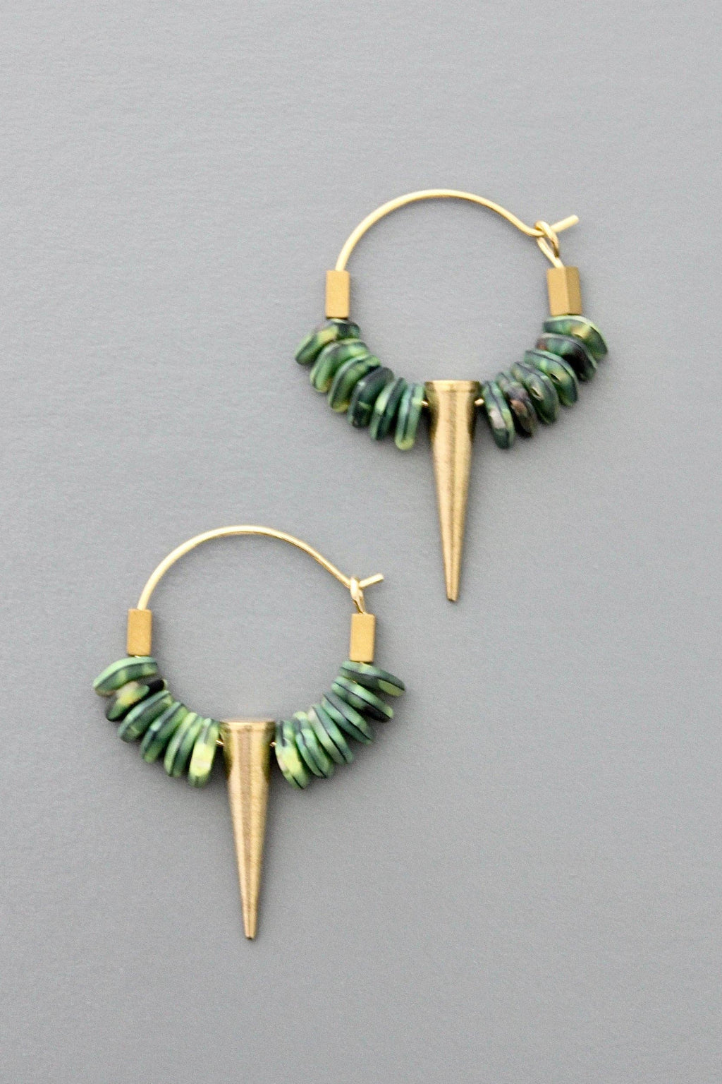 David Aubrey Jewelry - FERE05  Small Green Glass and Spike Hoop Earrings