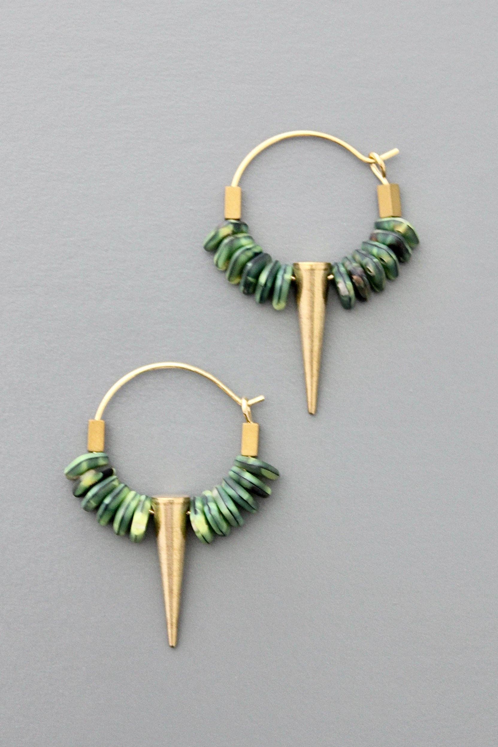 David Aubrey Jewelry - FERE05  Small Green Glass and Spike Hoop Earrings