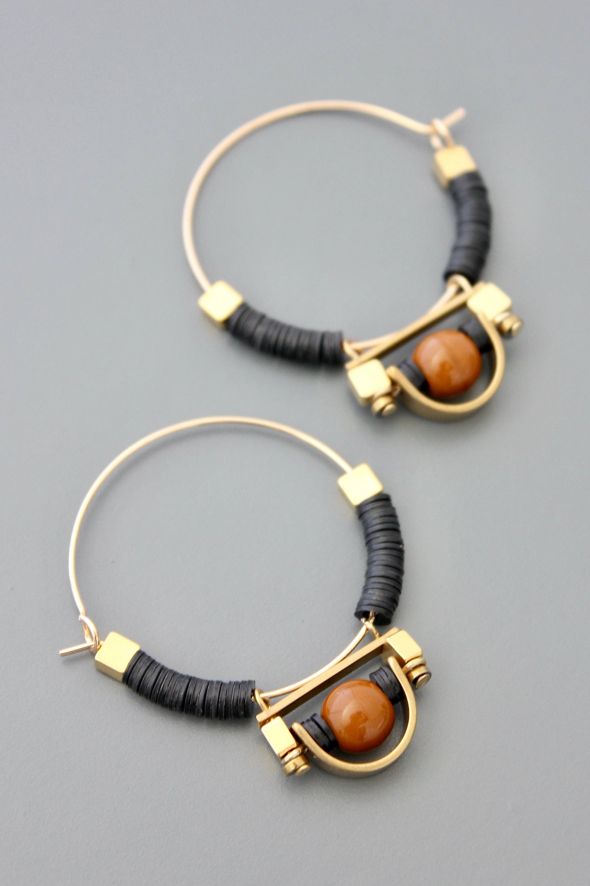 David Aubrey Jewelry - FERE24 Art Deco Black and Brown Hoop Earrings
