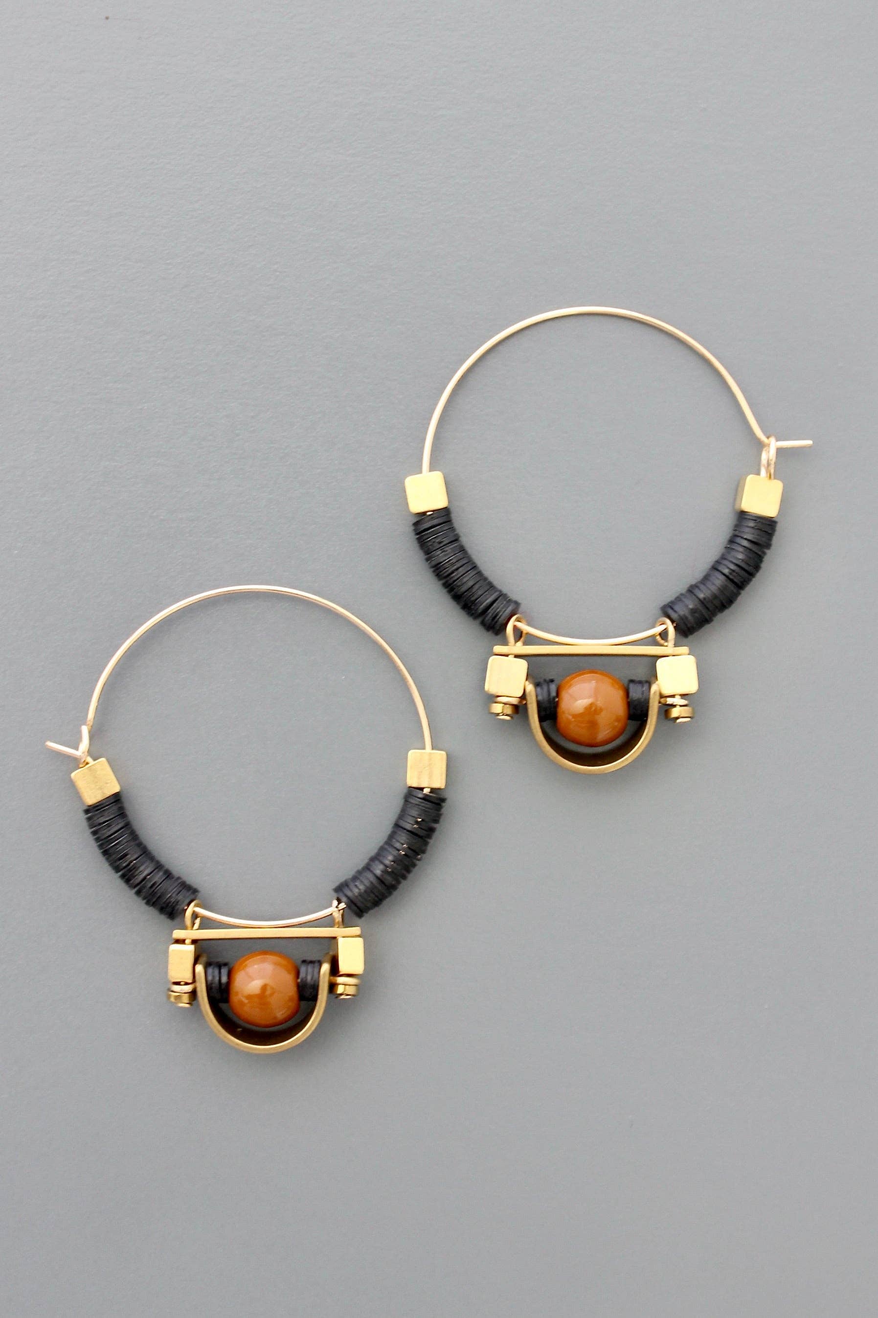 David Aubrey Jewelry - FERE24 Art Deco Black and Brown Hoop Earrings