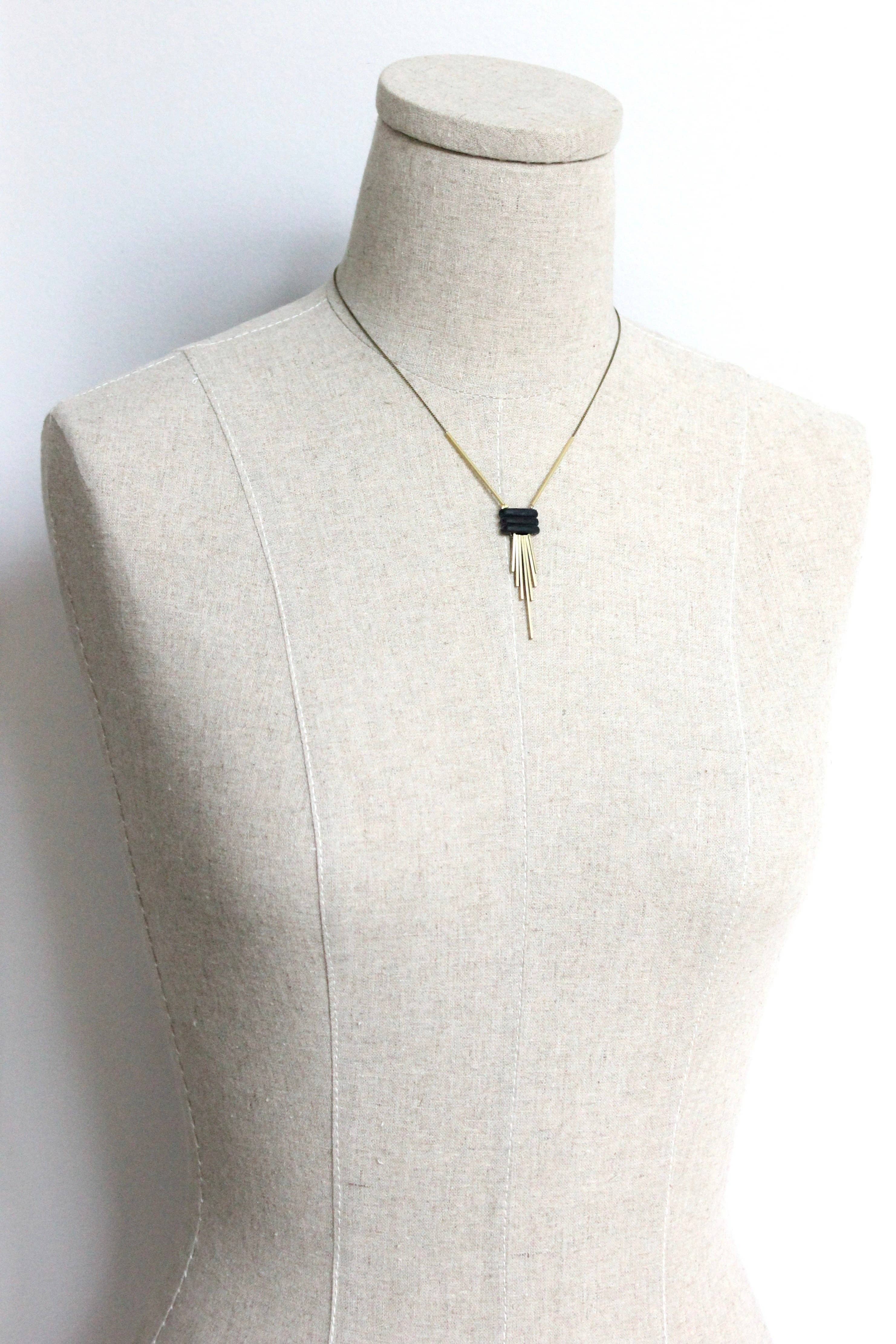 David Aubrey Jewelry - JLT316  Black and Brass Fringe Necklace