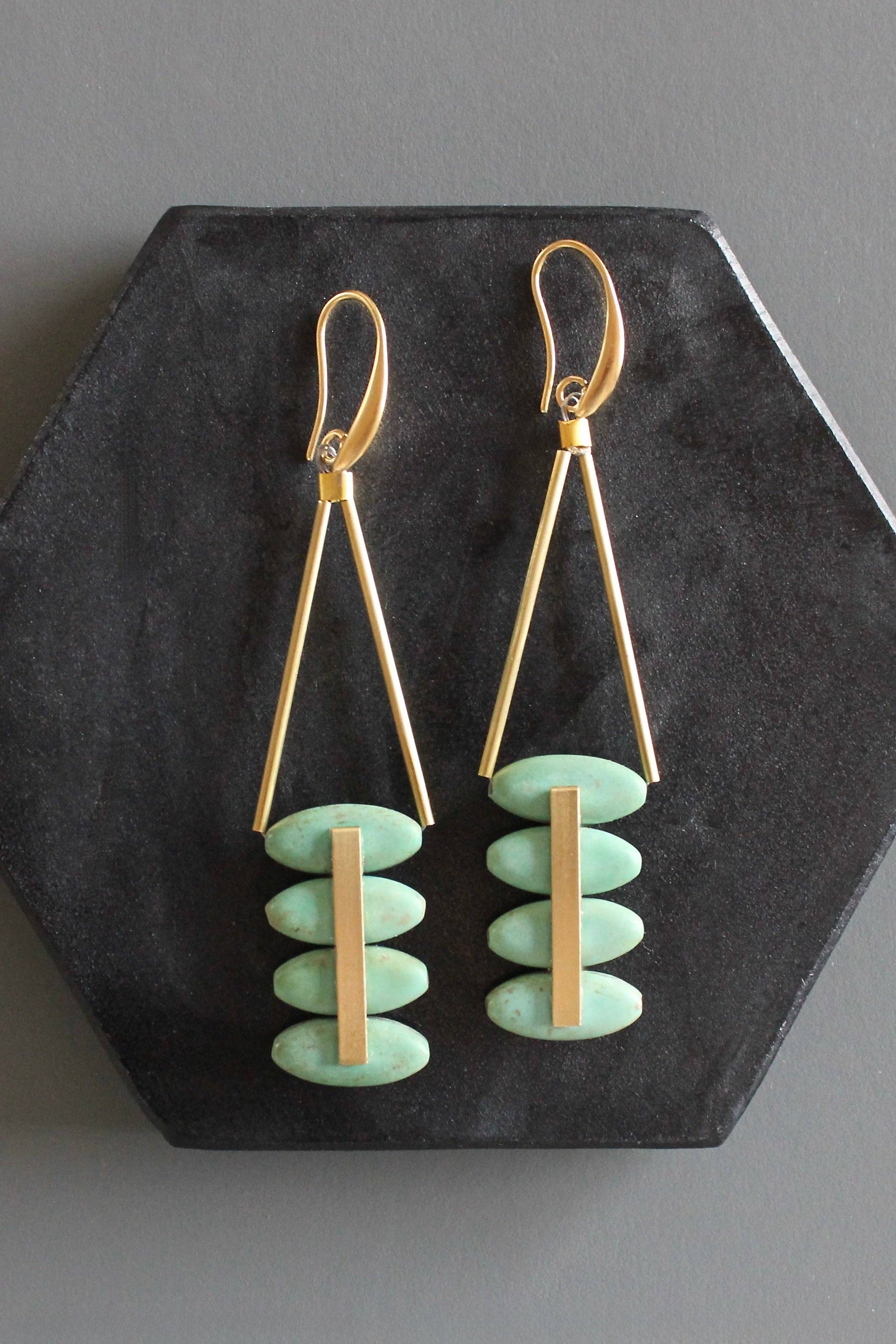 David Aubrey Jewelry - MLNE51 Turquoise and Brass Artdeco Earrings