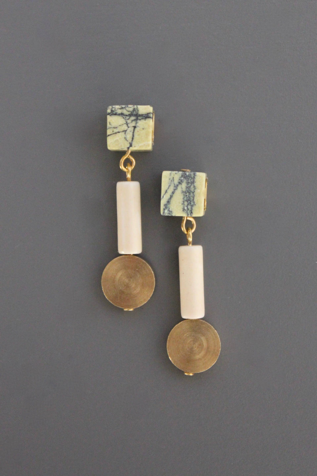David Aubrey Jewelry - SAHE05 Geometric Stone and Brass Post Earrings