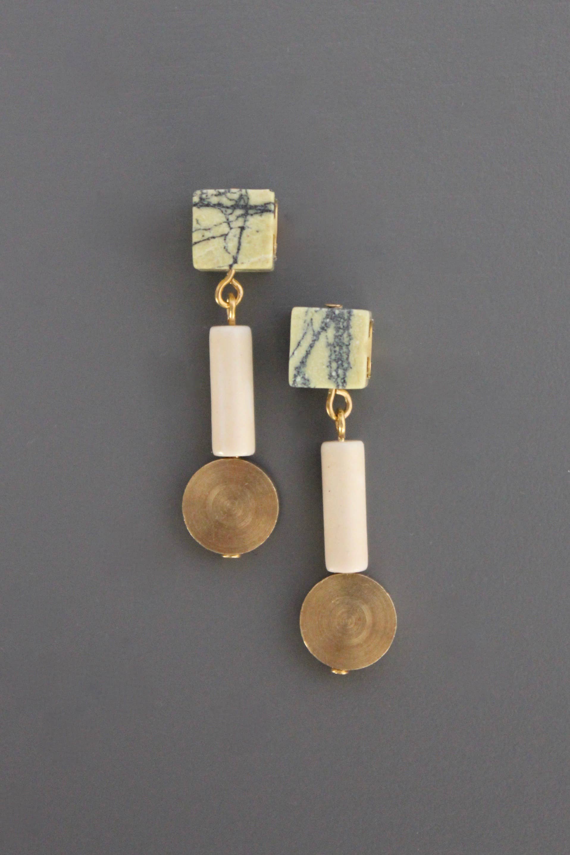 David Aubrey Jewelry - SAHE05 Geometric Stone and Brass Post Earrings