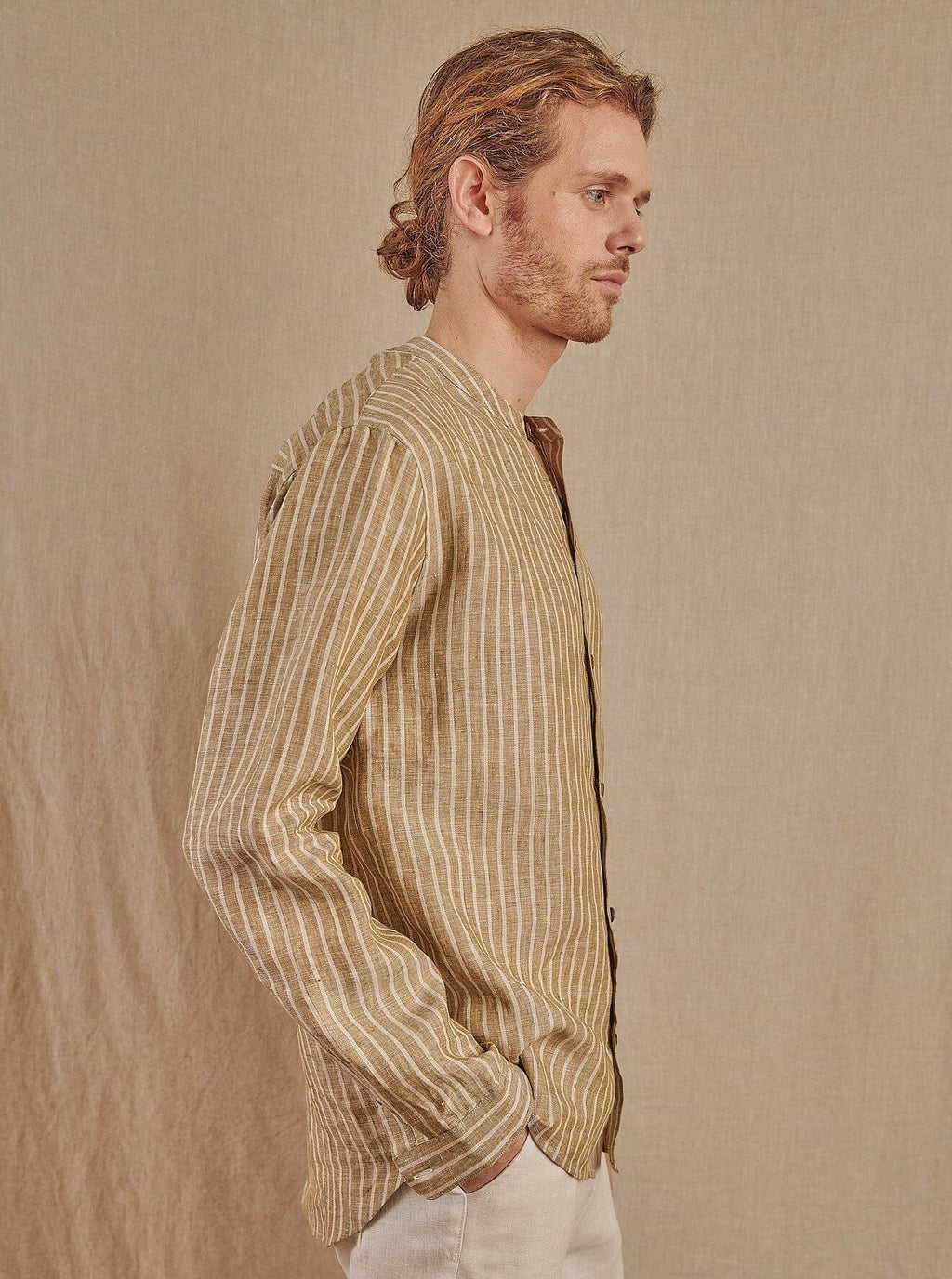 Monty Mandarin Shirt in Striped Linen