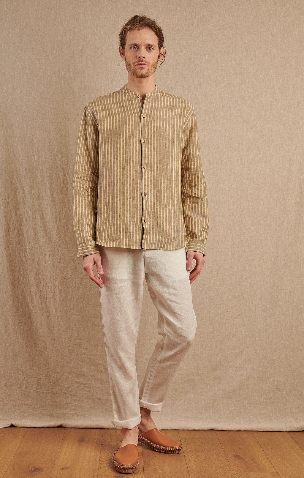 Monty Mandarin Shirt in Striped Linen
