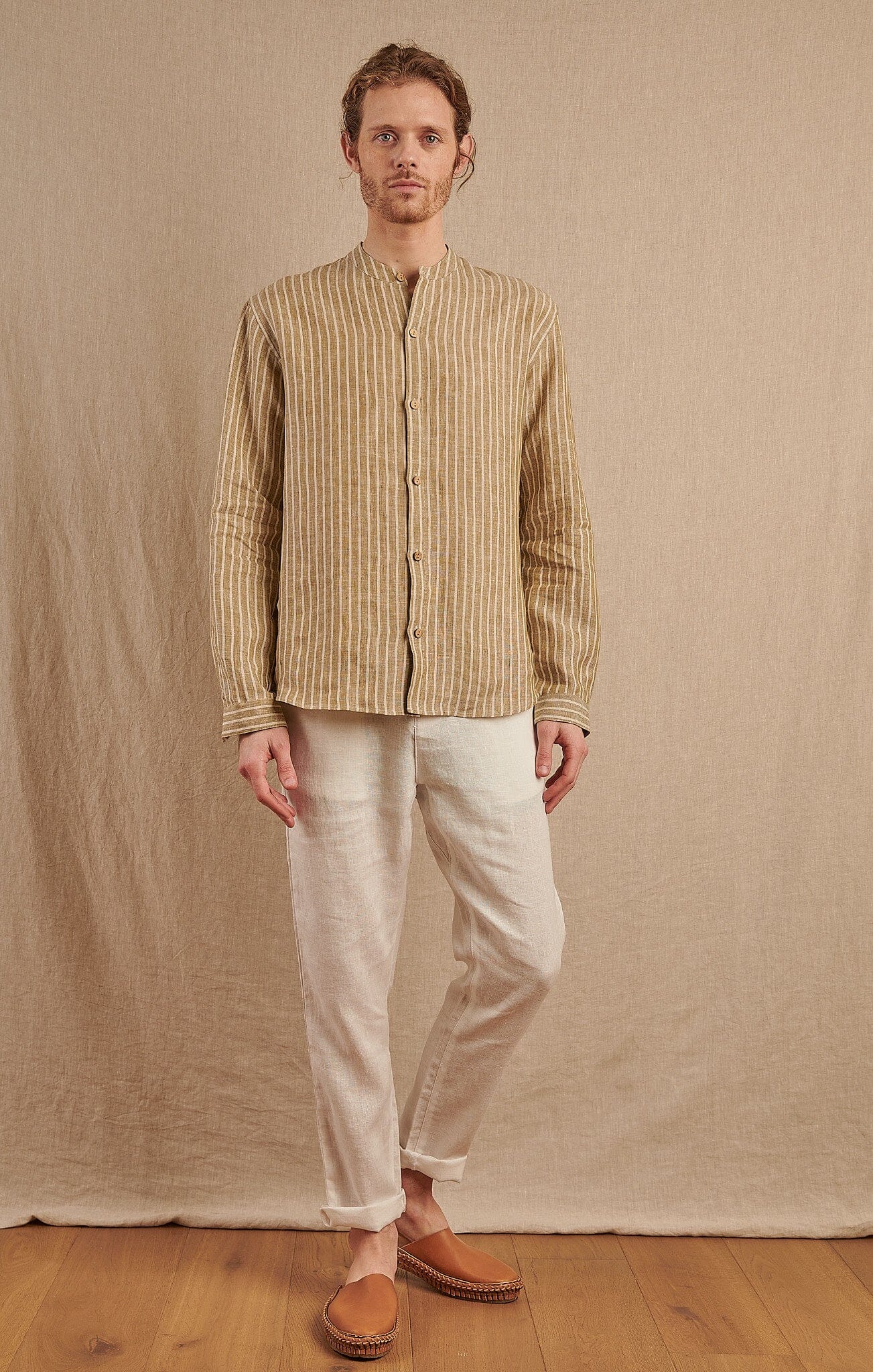 Monty Mandarin Shirt in Striped Linen