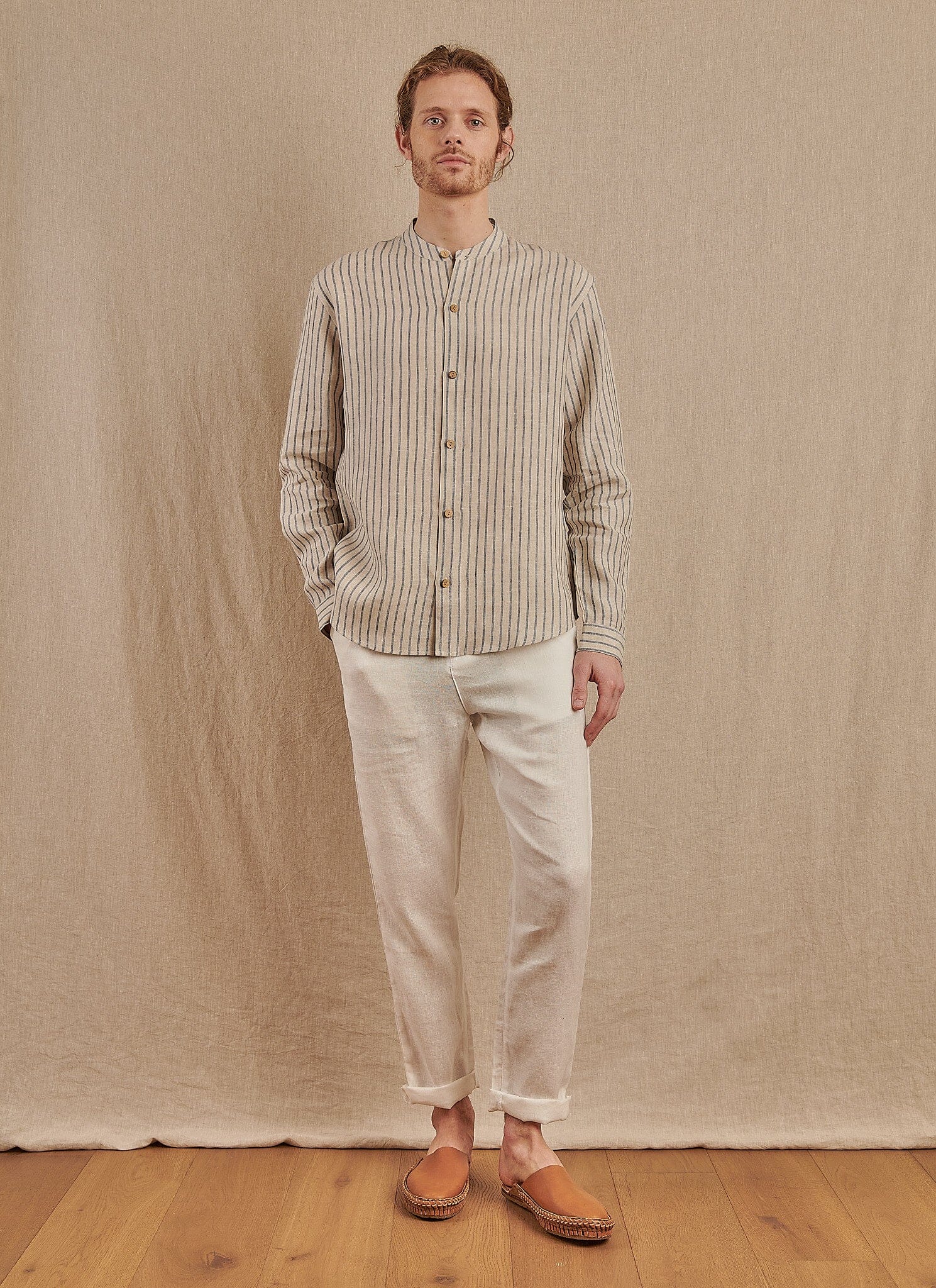Monty Mandarin Shirt in Striped Linen