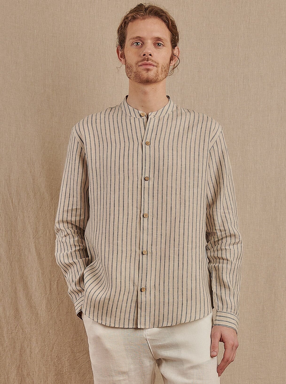 Monty Mandarin Shirt in Striped Linen