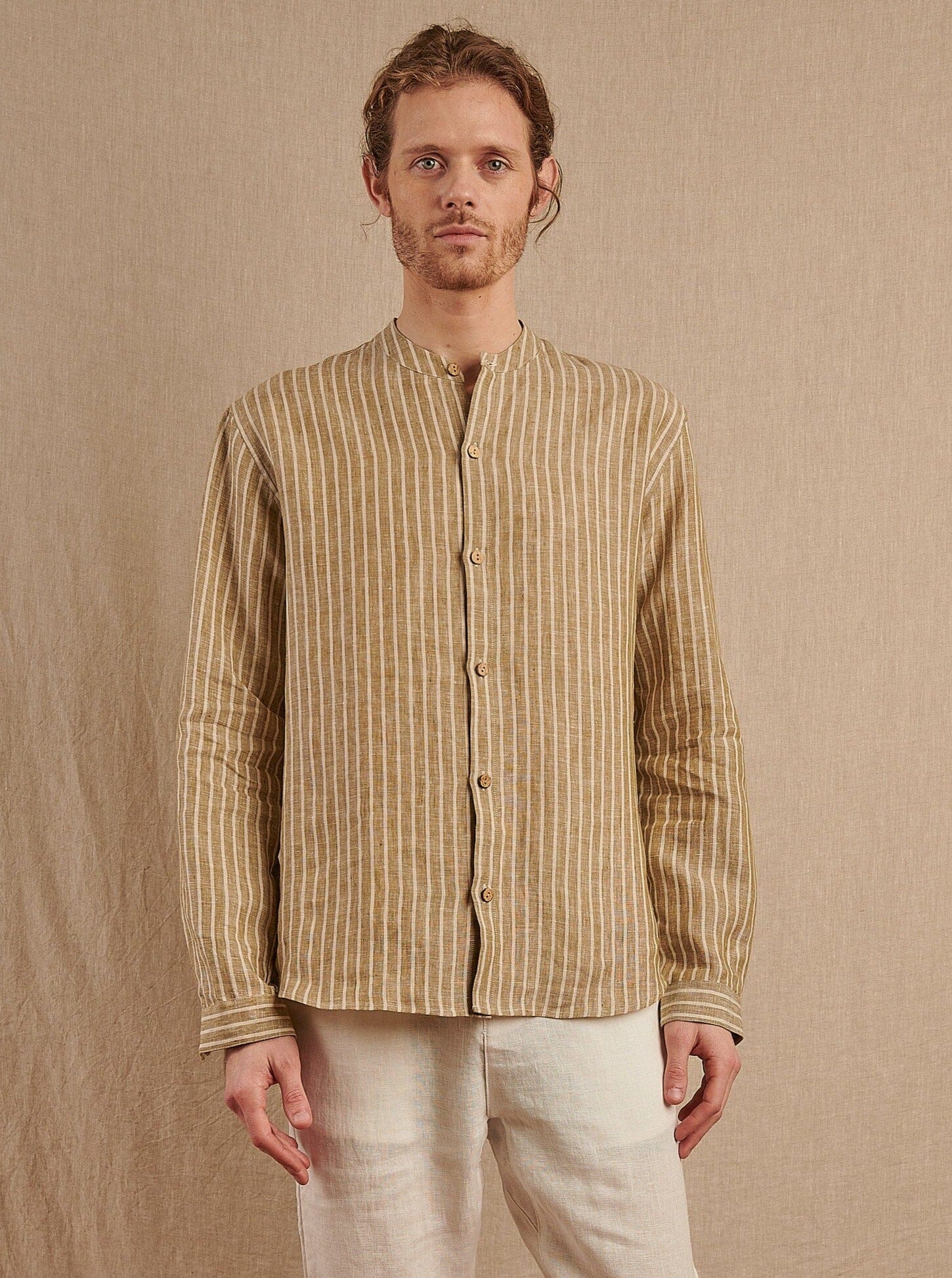 Monty Mandarin Shirt in Striped Linen