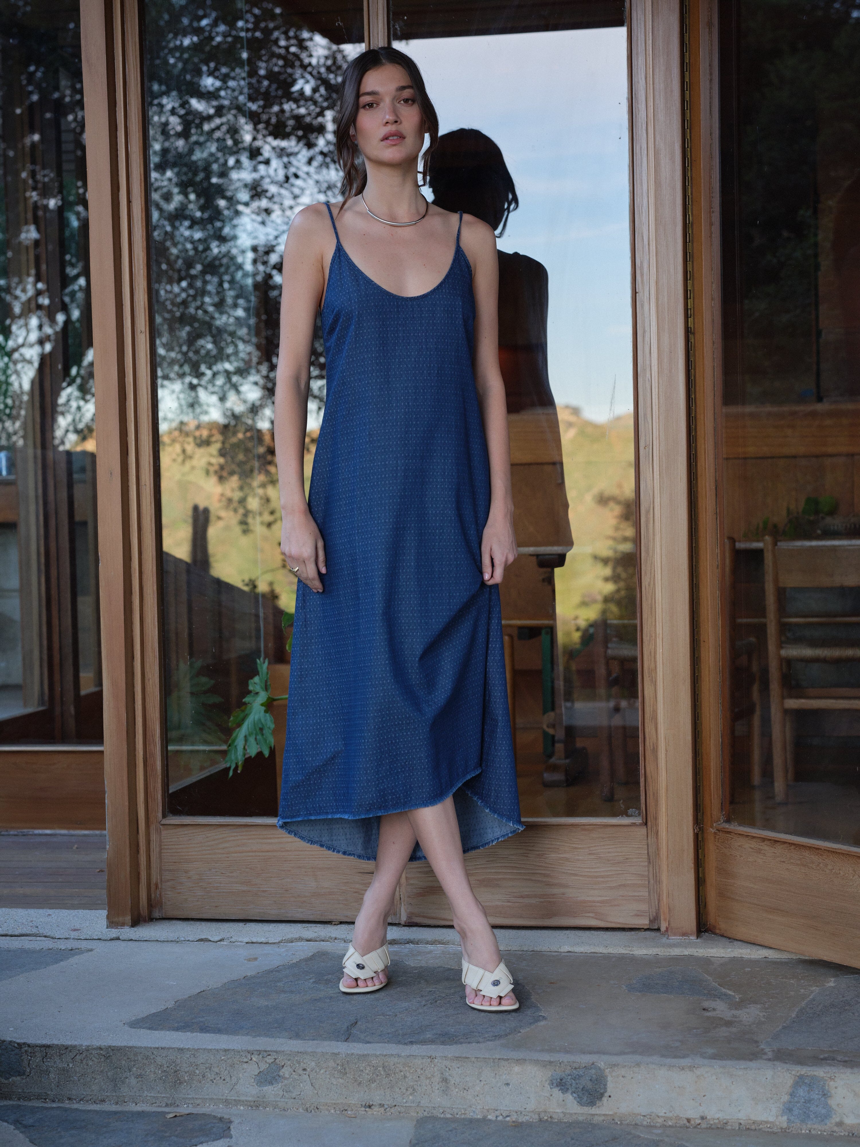 Sonya Slip Dress in Denim Jacquard