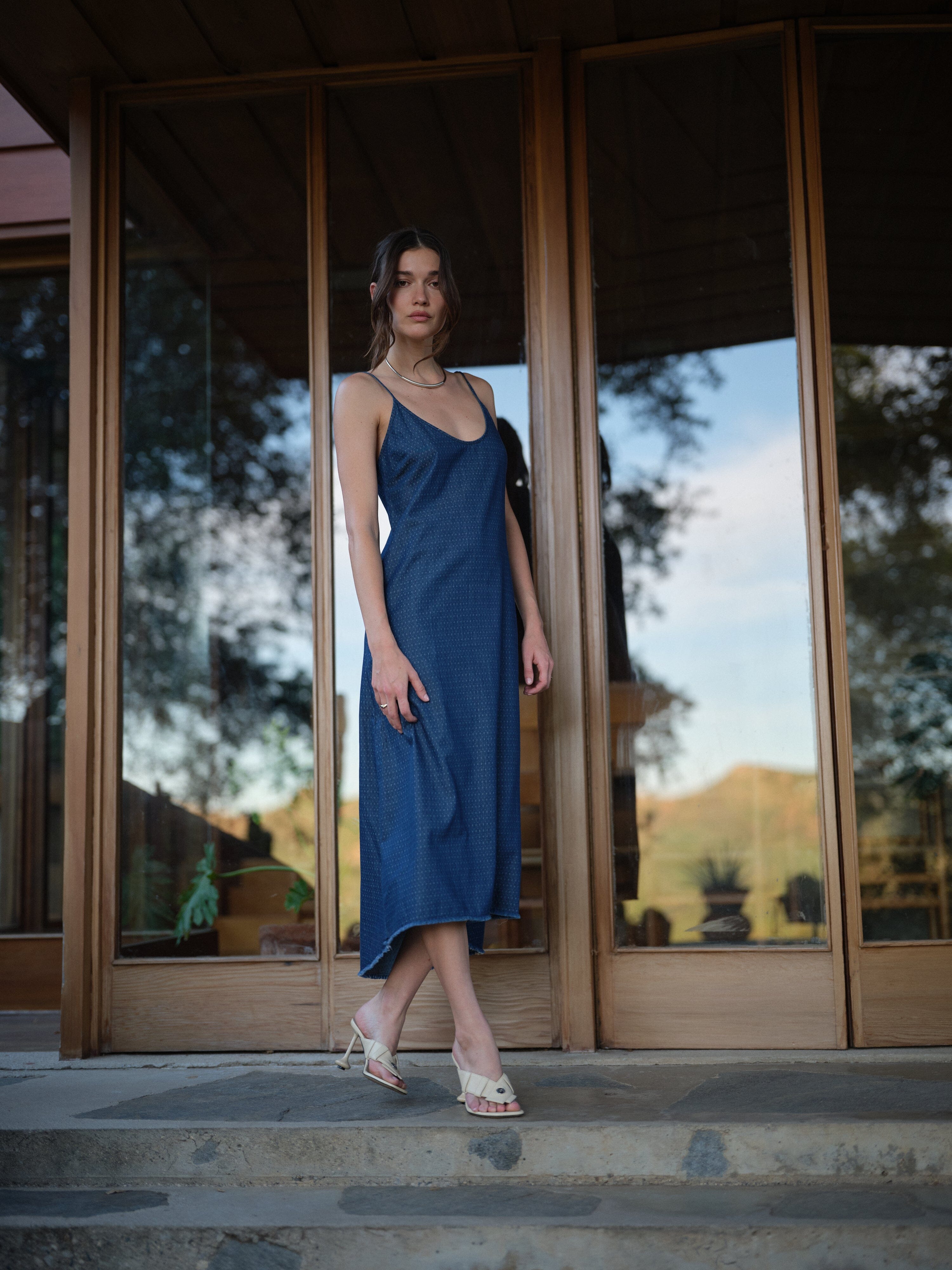 Sonya Slip Dress in Denim Jacquard